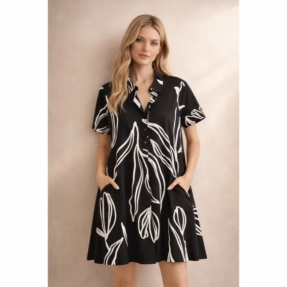 Rachel Zoe Black & White Abstract Tulip Dress With Pockets - Picture 2 of 4